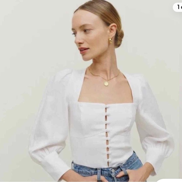 Reformation Micah Balloon Sleeve Square neck linen top Sz 4/S - Picture 3 of 9